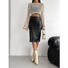 Boom Bester Kadın Yüksek Bel Deri Kalem Etek – 70 cm Boy – Yırtmaçlı Şık Model (Içi Pamuklu Tela Kaplamalı)