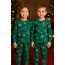 Alkın Kids 4-8 Yaş Kız-Erkek Çocuk Merry Christmas Yazılı %100 Pamuklu Yeşil Pijama Takımı