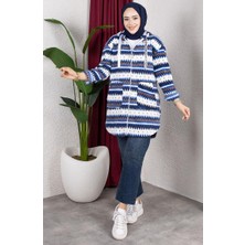 Saks Renkli Desenli Kapüşonlu Peluş Hırka 2062-03 Yumuşak Kumaş ile Rahat ve Şık