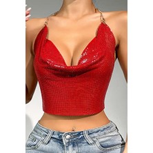 Kristal Taşlı Parlak Crop & Bluz Kolsuz Kayık Yaka Parti Plaj Büstiyer