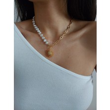 Kadın Zirkon Taşlı Incili Güneş Kolye