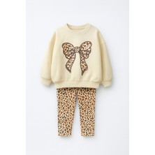 My Kids Wear Kız Çocuk Fiyonk Detaylı Leopar Desenli Tayt 3 Iplik Takım Şardonlu 2-10 Yaş 12331
