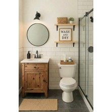 Banyo Dolabı-Ayaklı Tek Kapaklı-Doğal Ahşap Masif Ladin Çam Rustik Çeviz- 60 Cm-Çerçeveli Aynalı-Mermerit Tezgah-Gömme Lavabo