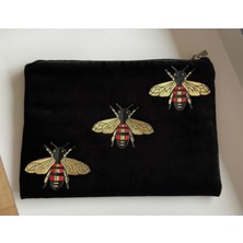 CN Collection Arı Desenli Kadife Clutch Çanta Siyah