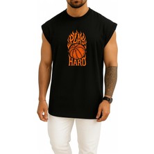 Bahriyeli Collection Oversize Play Hard Basketbol Göğüs Baskılı Atlet
