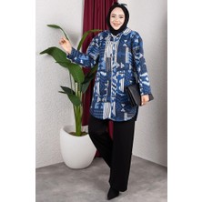 Desenli Kapüşonlu Peluş Hırka 2062-11 Indigo