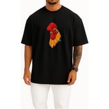 Bahriyeli Collection Oversize Horoz Kırmızı Kafa Göğüs Baskılı Unisex T-Shirt