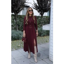 Arona Mdb Kadın Uzun Kollu Bisiklet Yaka Önden Halka Detaylı Yırtmaçlı Uzun Viskon Iki Iplik Elbise