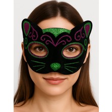 Colezium Siyah Kadife Kaplama Üzeri Pembe Yeşil Sim Işlemeli Kedi Maskesi 20X13 cm