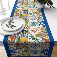 Güzel Mağaza Çini Desenli Dijital Baskı Dikişli Dikdörtgen Masa Runner