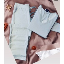 EDAM V Yaka Yeşil Saten Detaylı Kışlık Pijama Takım