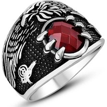 Takılingo 925 Ayar Gümüş Kırmızı Zirkon Taşlı Kartal Pençeli Erkek Yüzük