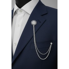 Gümüş Renk Yuvarlak Figür Beyaz Taşlı Ceket & Damatlık & Blazer Zincirli Yaka Aksesuarı