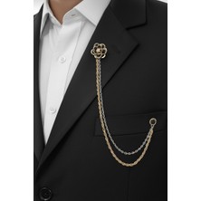 Gold Renk Siyah Taşlı Ceket & Damatlık & Blazer Zincirli Yaka Aksesuarı
