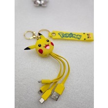 Pokemon Pikachu Iphone Micro Type-C Şarj Çoklu Şarz Kablosu Anahtarlık Hediyelik