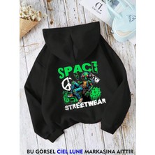 Nevermind Unisex Space Wear Baskılı Oversize Baskılı Kapşonlu Sweatshirt 3 Iplik Siyah