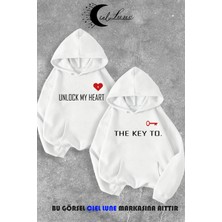 Nevermind Sevgili Çift Kombin Key to Yazı Baskılı Renk Kapüşonlu Sweatshirt 2'li Set Takım Beyaz