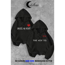 Nevermind Sevgili Çift Kombin Key to Yazı Baskılı Renk Kapüşonlu Sweatshirt 2'li Set Takım Siyah
