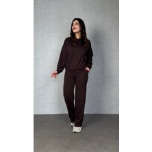 Gökyüzü Moda Kadın Uzun Kollu Bisiklet Yaka Viskon Iki Iplik Bluz ve Pantolon Ikili Takım