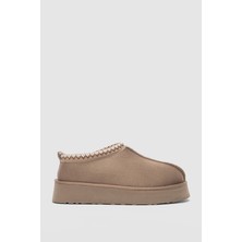 Selin Shoes Velina Içi Kürklü Düz Taban Kadın Terlik- Vizon Süet