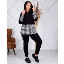 ModaSehle Kadın Siyah Kazayağı Desenli Büyük Beden Eşofman Takımı