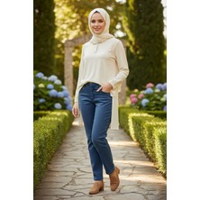 Lale Butik Kadın Beli Lastikli Likralı Boru Paça Kot Pantolon 03 Açık Lacivert