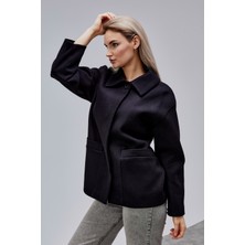 Bolivente Camille Siyah Oversize Cep Detaylı Astarlı Kaşe Ceket