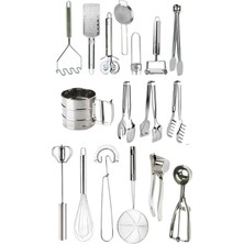 Paslanmaz Çelik Mutfak  Yemek Hazırlık Seti Maşa Servis Kevgir Dondurma Kaşığı 17 Parça Maşa Set