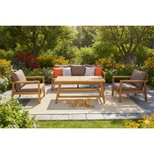 Zerka Concept Aspendos Masif Ahşap Iroko Ağacı Oturma Grubu Bahçe Balkon Koltuk Takımı Turuncu 3+1+1+ Masa