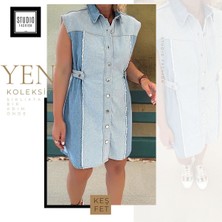 Studio Fashion 1988 Kadın Mavi Marka Muadil Tasarım Premium  Model Çift Renk Jean Elbise