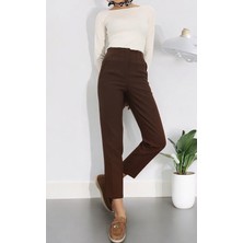 Studio Fashion 1988 Kadın Acı Kahve Karol Premium Önü Flatolu Biyeli Yüksek Bel Zr Model Kumaş Boru Paça Havuç Pantolon