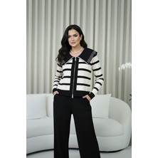 Studio Fashion 1988 Kadın Siyah Premium Yaka Detaylı Çizgili Triko Hırka