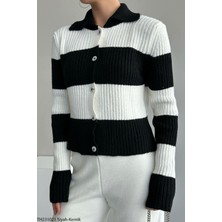 Noynoy Butik Kadın Polo Yaka Kalın Çizgili Hırka Siyah Kemik