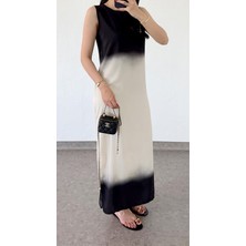 Studio Fashion 1988 Kadın Ekru Yeni Sezon Marka Muadil Ombre Desenli Kontrast Geçişli Uzun Elbise