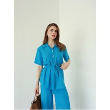 Studio Fashion 1988 Kadın Mavi %100 Pamuk Beli Kuşak Bağlamalı Gold Düğme Detaylı Gömlek Pantolon Takım