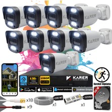 Karer Exitcam-9'lu Ahd Güvenlik Kamera Seti-Gece Renkli-6 Warmled'li- Su Geçirmez- Full Hd