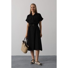 Studio Fashion 1988 Kadın Siyah %100 Pamuk Midi Boy Kuşaklı Cep Detaylı Yarım Kol Elbise