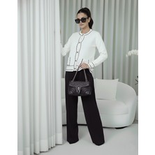 Studio Fashion 1988 Kadın Ekru Premium Şerit Detaylı Biyeli Cepli Yumuşak Dokulu Hırka