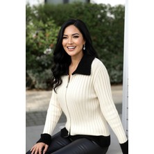 Studio Fashion 1988 Kadın Krem Gömlek Yaka Fermuarlı Triko Hırka