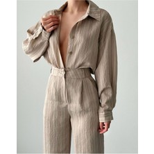 Studio Fashion 1988 Kadın Vizon Premium Kumaş %100 Pamuk Kendinden Çizgili Oversize Gömlek Pantolon Takım