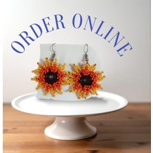 Patron Kum Boncuktan Yapılmış Ayçiçek Desenli Inanılmaz Görünümlü Küpe