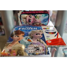 Ada Çanta Kırtasiye 3'ü 1 Arada -Frozen Figürlü Çift Bölmeli Kalem Kutusu,boyama Kitabı ve 12 Li Kuruboya Kalemi AD31116