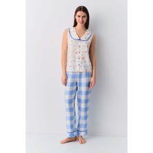 Dream Fashion Mavi Ekoseli Nicole Askılı Gömlek Yaka Pijama Takımı