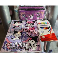 Ada Çanta Kırtasiye 3'ü 1 Arada - Kuromi Figürlü Çift Bölmeli Kalem Kutusu,boyama Kitabı ve 12 Li Kuruboya Kalemi AD3662