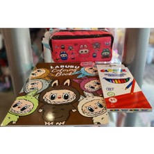 Ada Çanta Kırtasiye 3'ü 1 Arada - Labubu Figürlü Çift Bölmeli Kalem Kutusu,boyama Kitabı ve 12 Li Kuruboya Kalemi AD5258