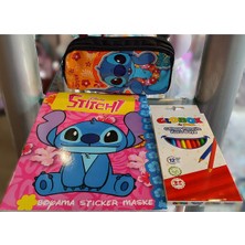 Ada Çanta Kırtasiye 3'ü 1 Arada - Stitch Figürlü Çift Bölmeli Kalem Kutusu,boyama Kitabı ve 12 Li Kuruboya Kalemi AD4861