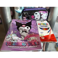 Ada Çanta Kırtasiye 3'ü 1 Arada - Kuromi Figürlü Çift Bölmeli Kalem Kutusu,boyama Kitabı ve 12 Li Kuruboya Kalemi AD3664