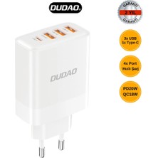 Dudao A5HEU Akıllı Çip 4 Portlu Hızlı Şarj Adaptörü (20W Pd Type-C + 3x Qc Usb) | Iphone, Samsung, Xiaomi Tüm Cihazlara Uyumlu Şarj Başlığı