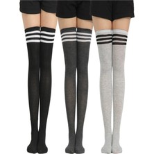 Bgk Şık Dizüstü Çizgili Çorap Yeni Trend 3 Adet Siyah-Füme-Beyaz