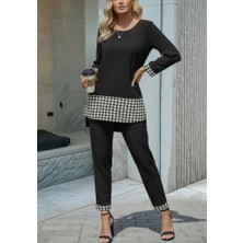 Arona Mdb Kadın Uzun Kollu Yuvarlak Yakalı Kaz Ayağı Detaylı Viskon Iki Iplik Bluz ve Pantolon Ikili Takım